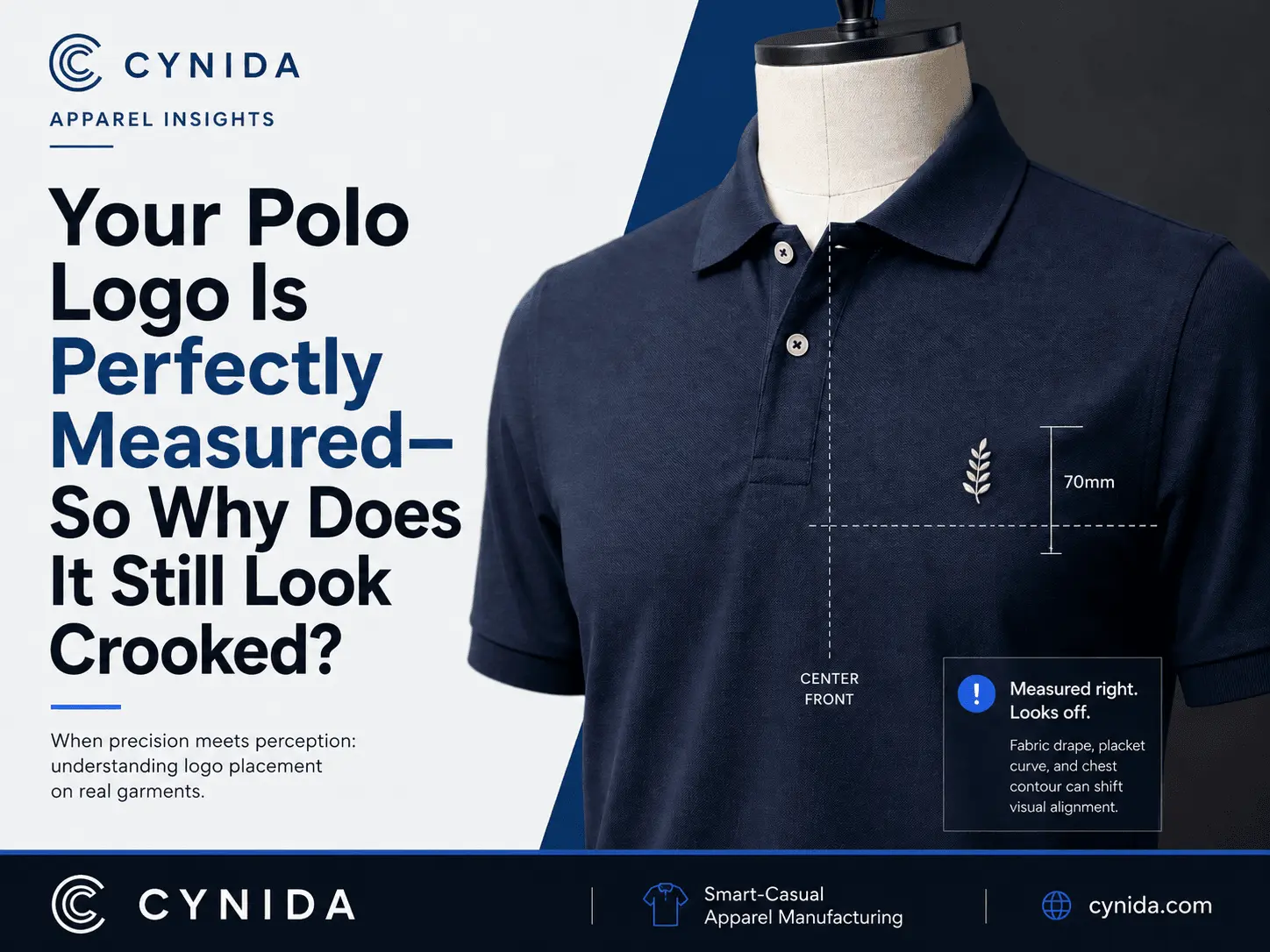 Quality inspector checking left-chest embroidered logo placement on a navy cotton-pique polo against the placket and shoulder reference points