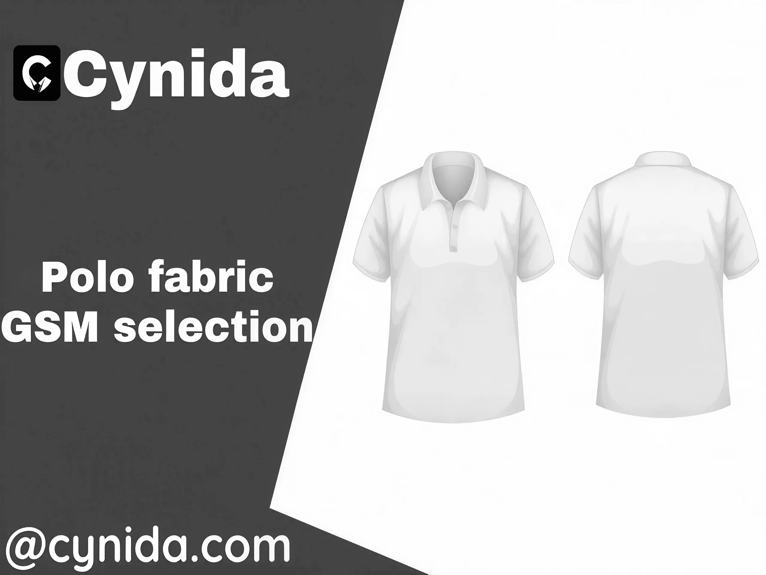 Polo fabric GSM selection guide with front and back polo shirt technical illustrations