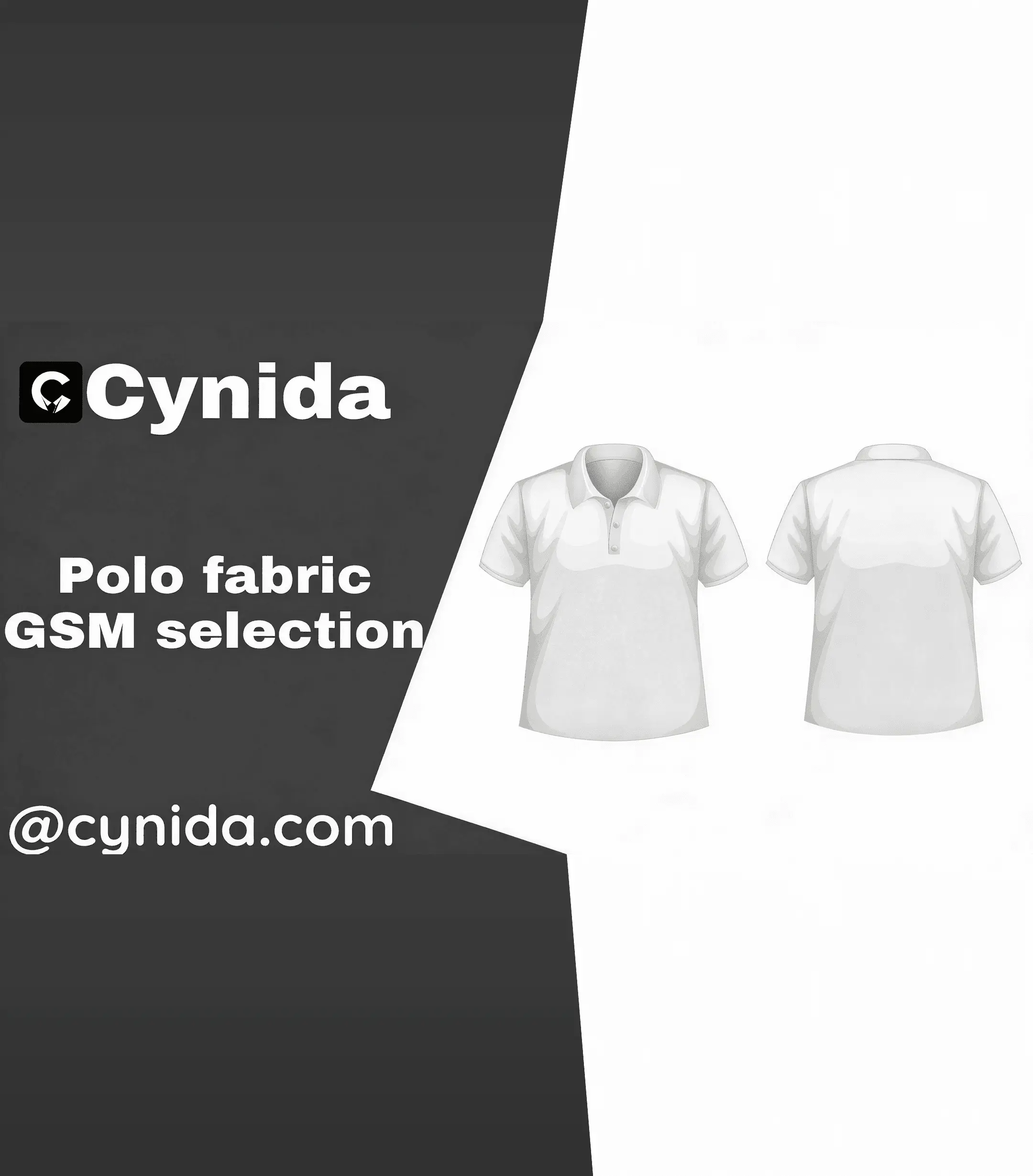 Polo shirt fabric GSM selection guide showing front and back polo garment illustrations