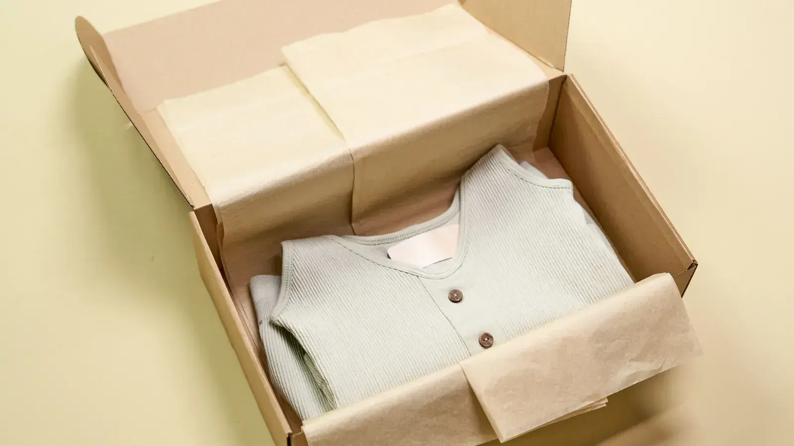 Folded shirt packed in a tissue-lined cardboard box