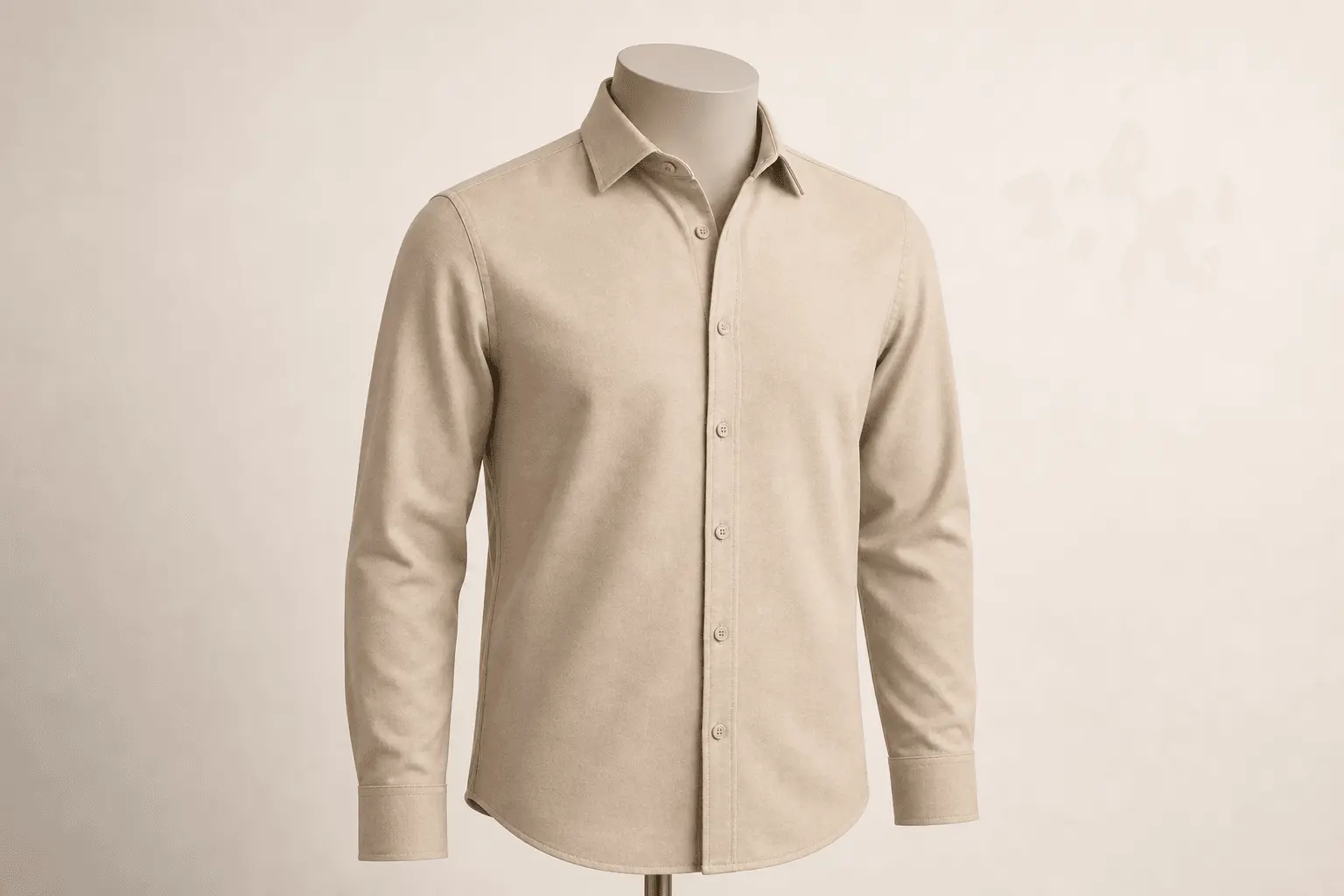 Sand Brushed Twill Shirt on a headless mannequin for private-label menswear manufacturing