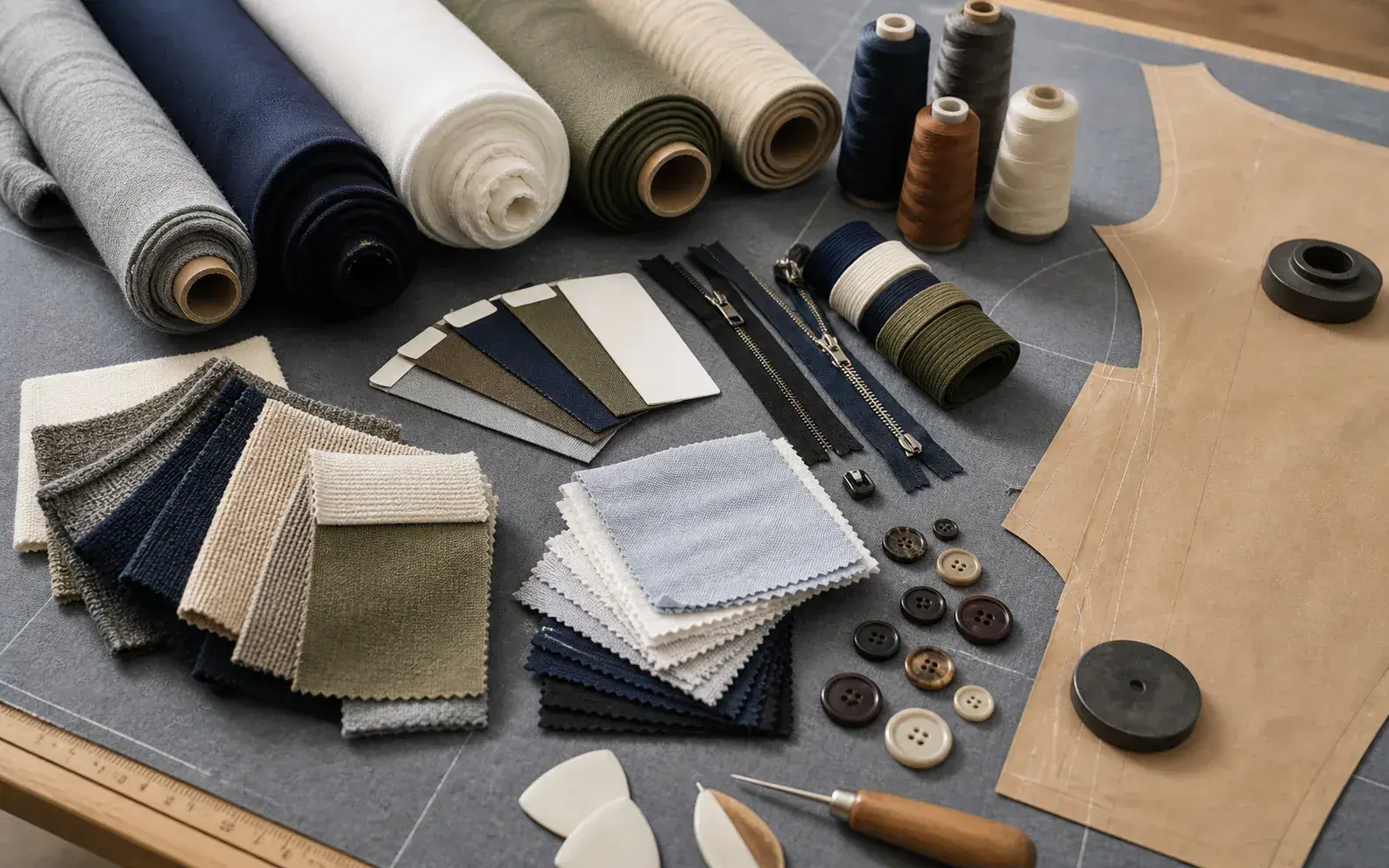 Fabric rolls, swatches, buttons, zippers and paper pattern pieces on a development table.