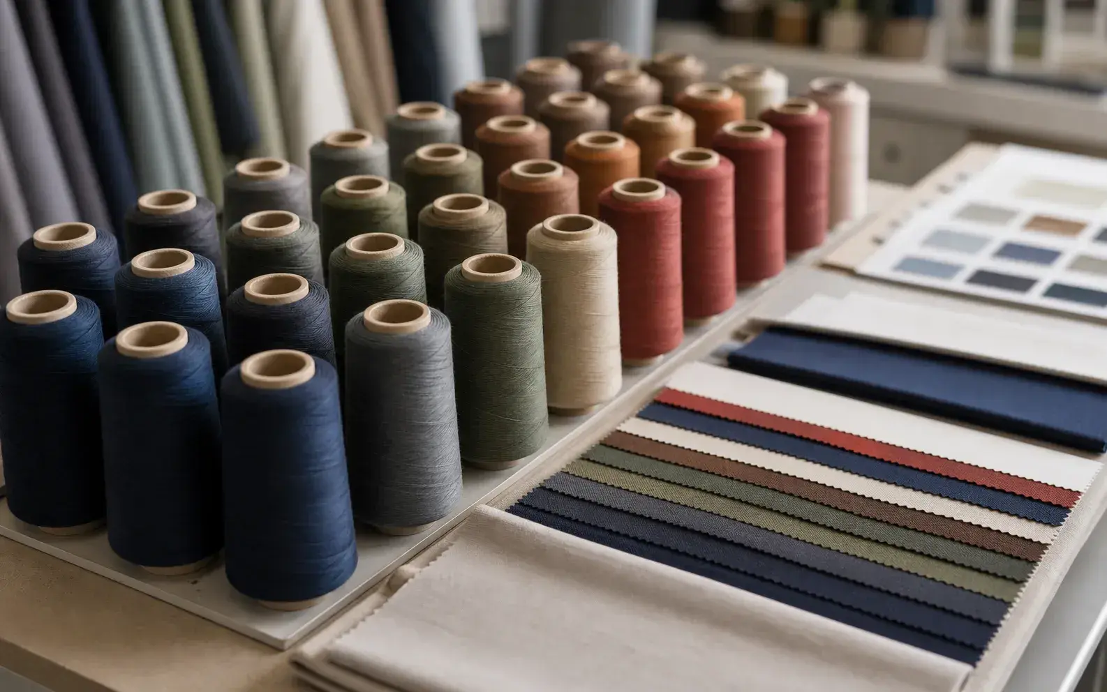 Thread cones and color swatches arranged for apparel color development.