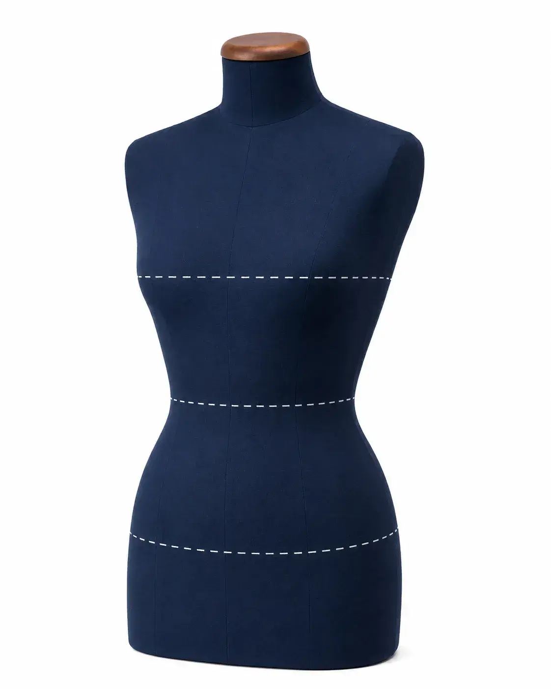 Dress form with dashed measurement lines for garment sizing and grading.