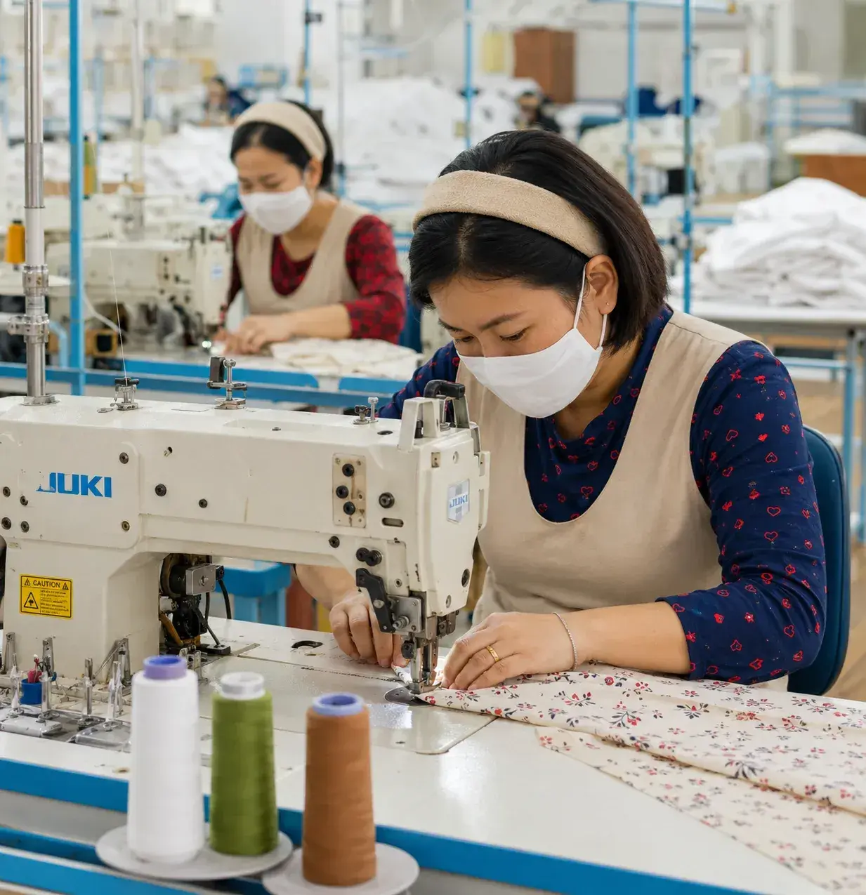 Sewing workshop with operators working on garment production techniques.