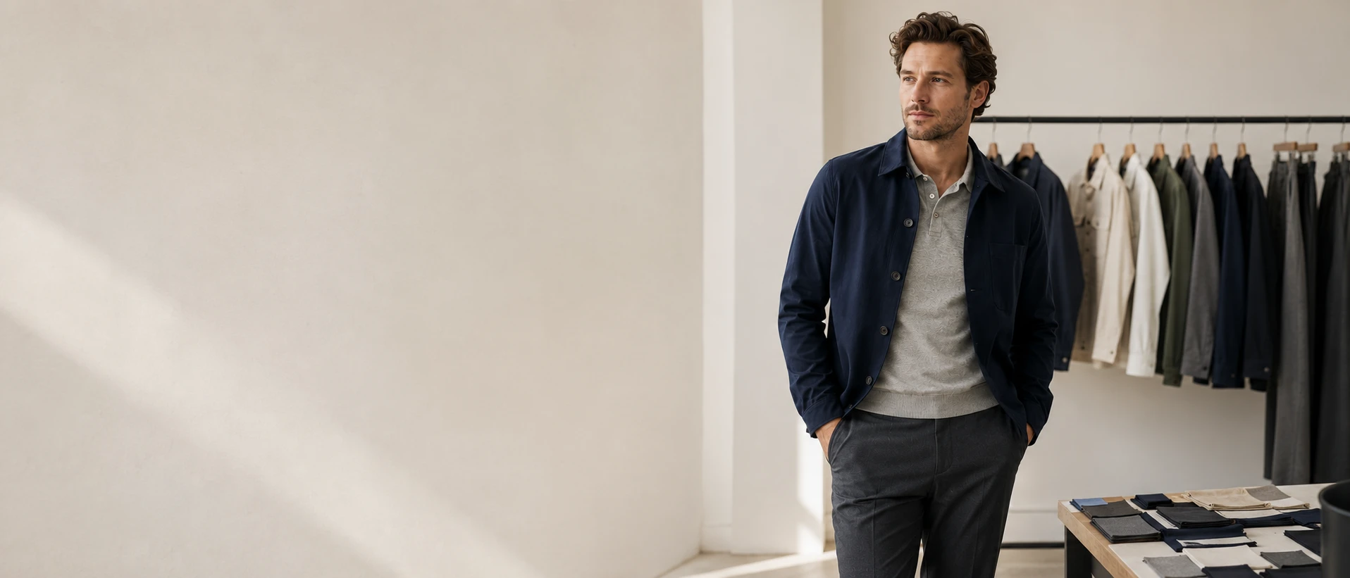 Smart-casual menswear model in a navy overshirt beside a coordinated showroom collection