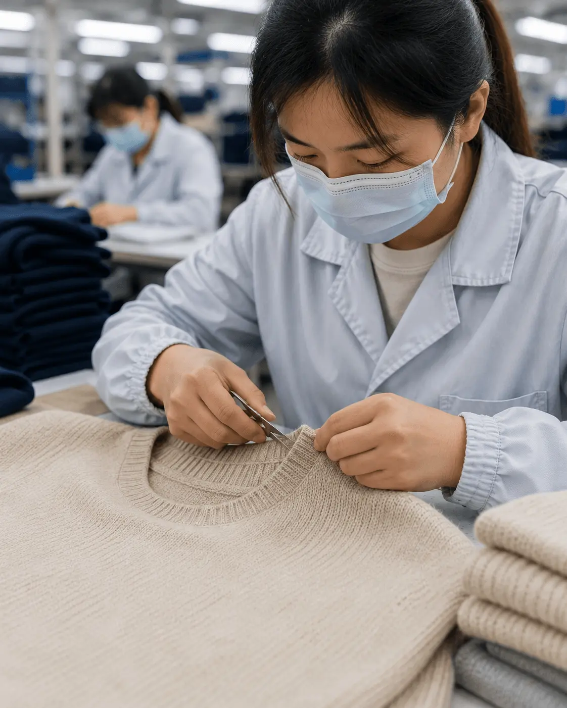 Garment quality inspector trimming loose yarn at the neckline of a beige knitwear sample before bulk production