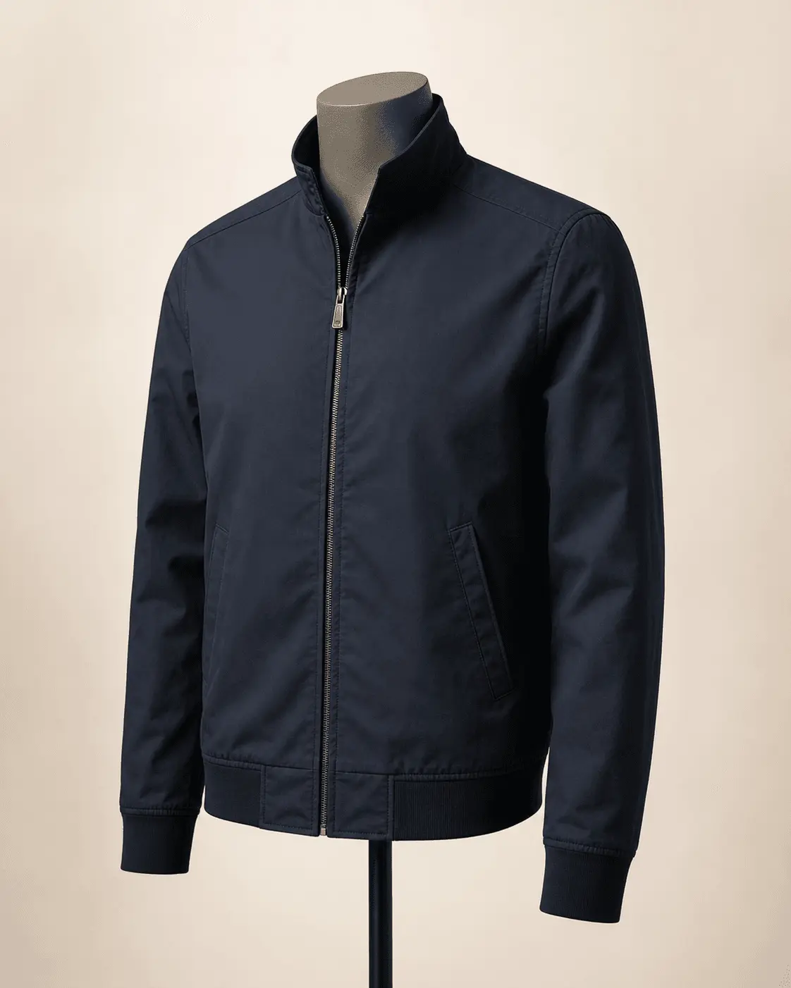 Deep navy Lightweight Harrington jacket on a headless mannequin for OEM jacket manufacturing
