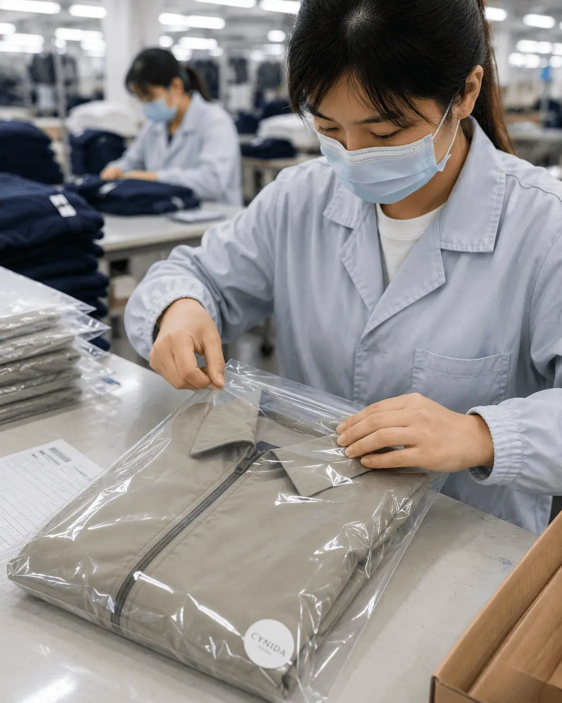 Garment quality inspector reviewing the final packaging of a lightweight jacket before shipment