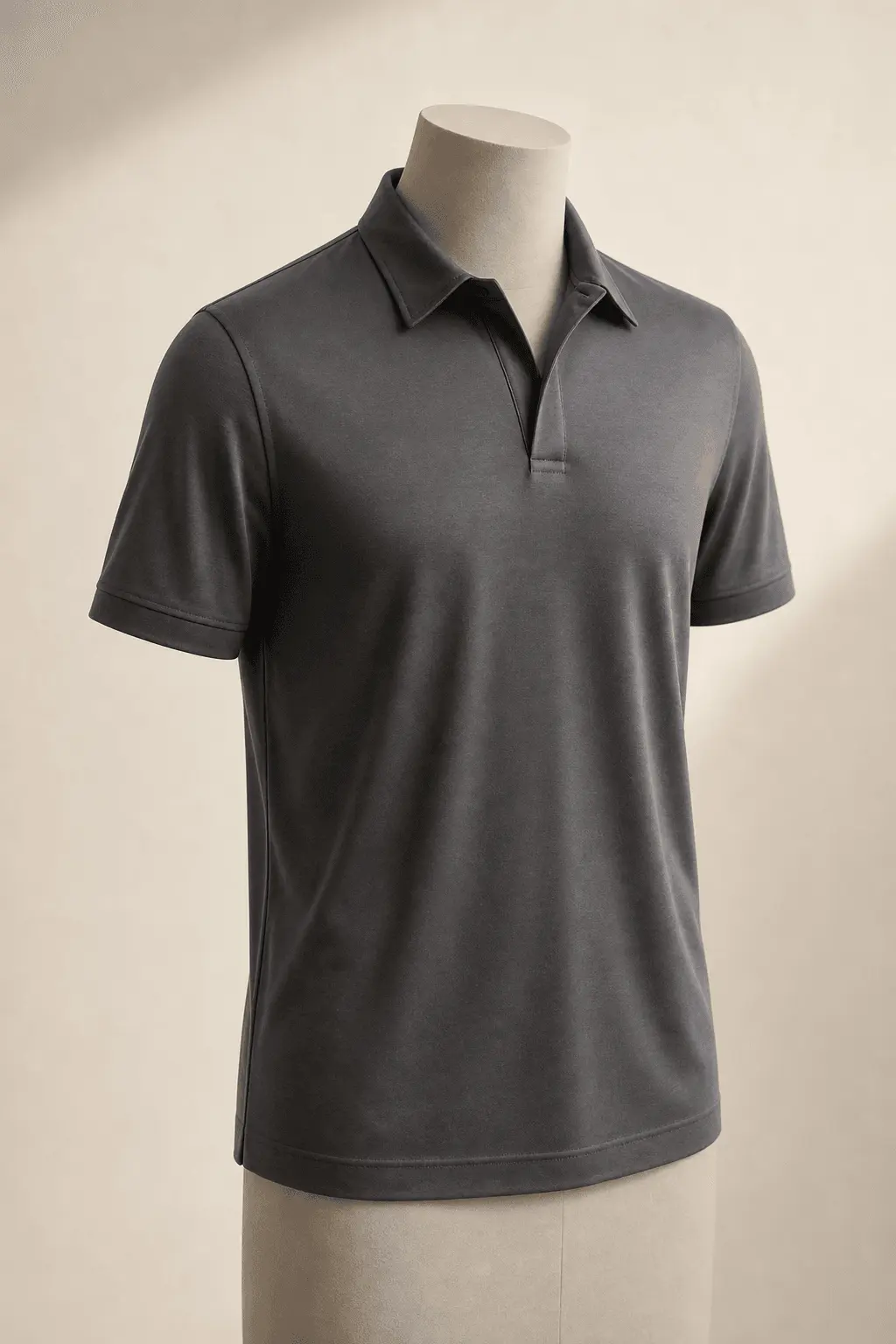 Charcoal Mercerized Jersey Polo on a headless mannequin for OEM menswear manufacturing