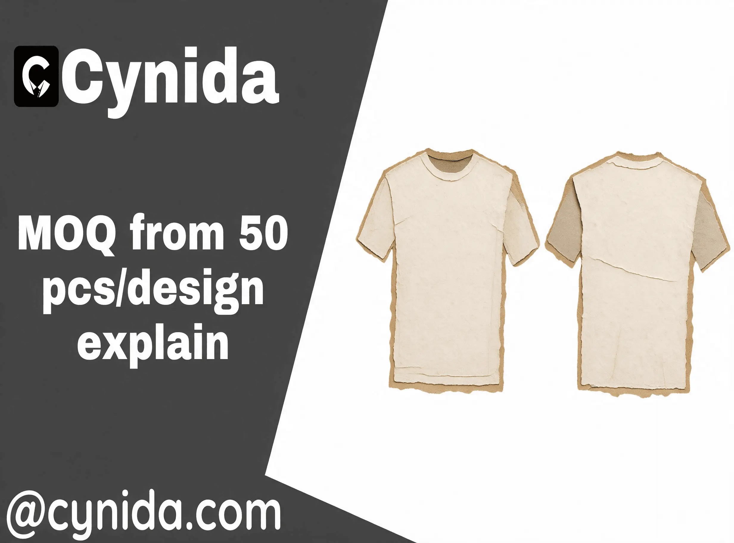 Custom clothing MOQ from 50 pieces per design illustrated with front and back T-shirt silhouettes