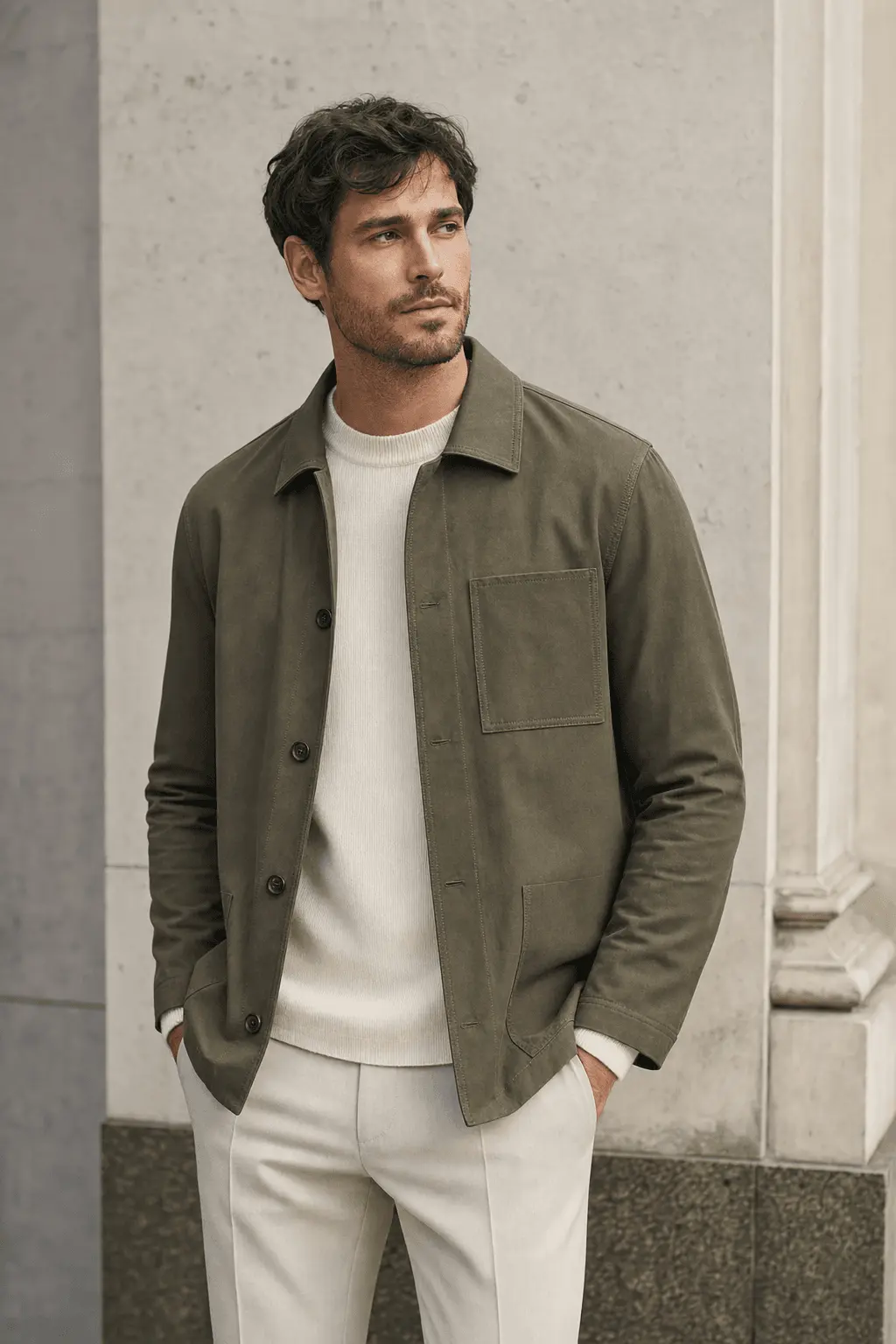 Man wearing an olive overshirt over a cream knit top for private-label overshirt manufacturing