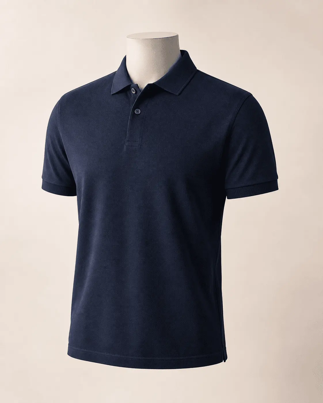 Navy Structured Pique Polo on a headless mannequin for custom polo manufacturing