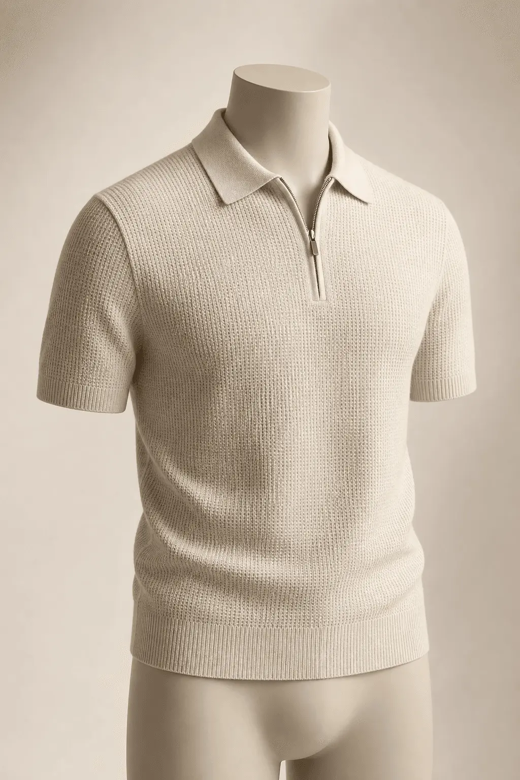 Stone Textured Zip Knit Polo on a headless mannequin for custom knitwear manufacturing
