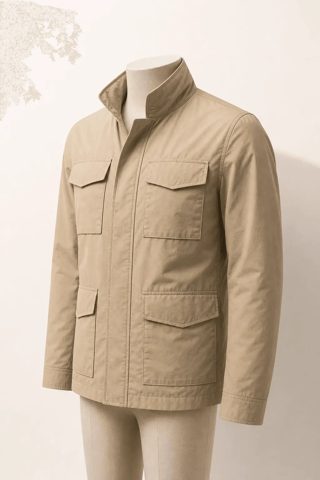 Sand Urban Field Jacket on a headless mannequin for private-label jacket manufacturing