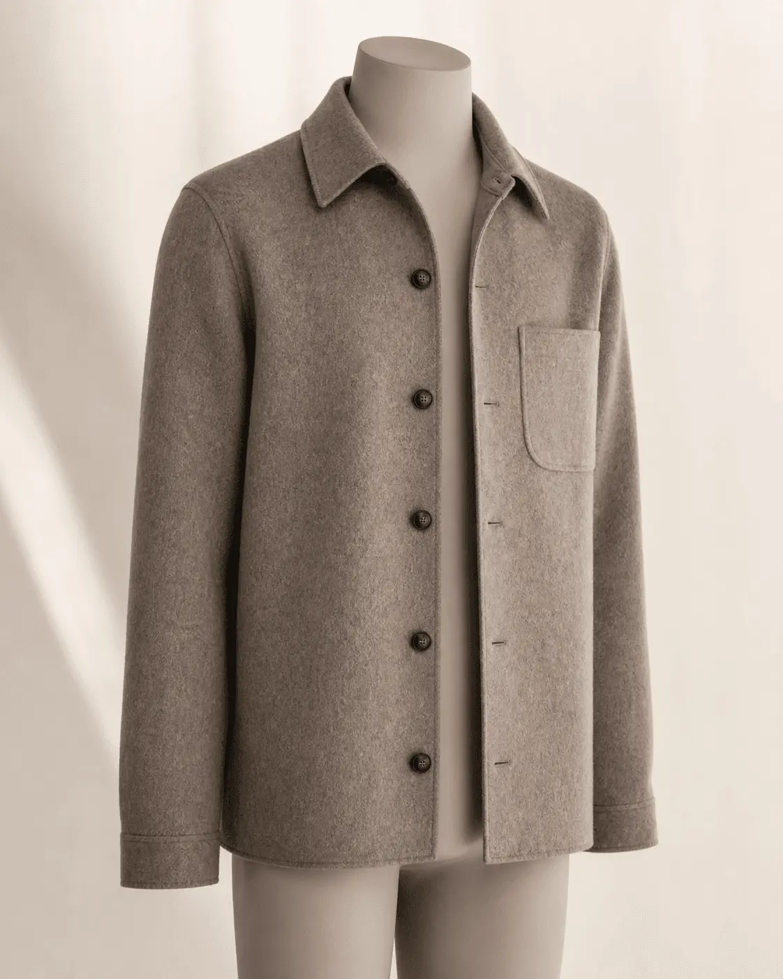 Taupe Wool-Blend Overshirt on a headless mannequin for smart-casual menswear manufacturing