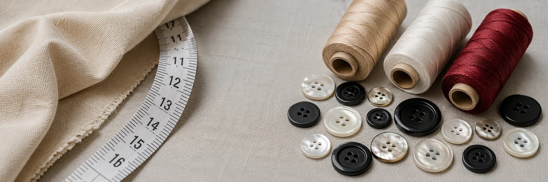 Tailoring trims, measuring tape and thread arranged on woven fabric