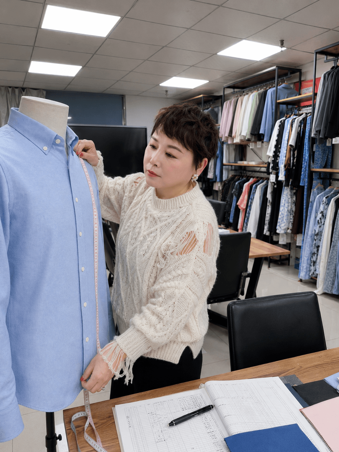 Sample measurement and fit review on a smart-casual shirt