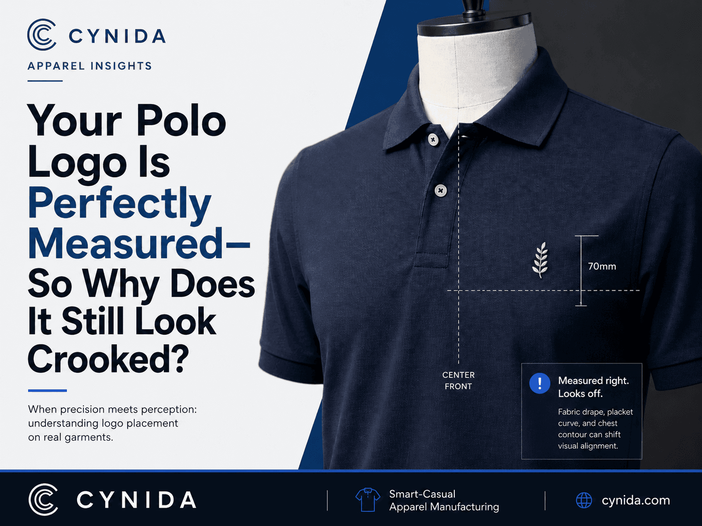 Quality inspector checking left-chest embroidered logo placement on a navy cotton-pique polo against the placket and shoulder reference points