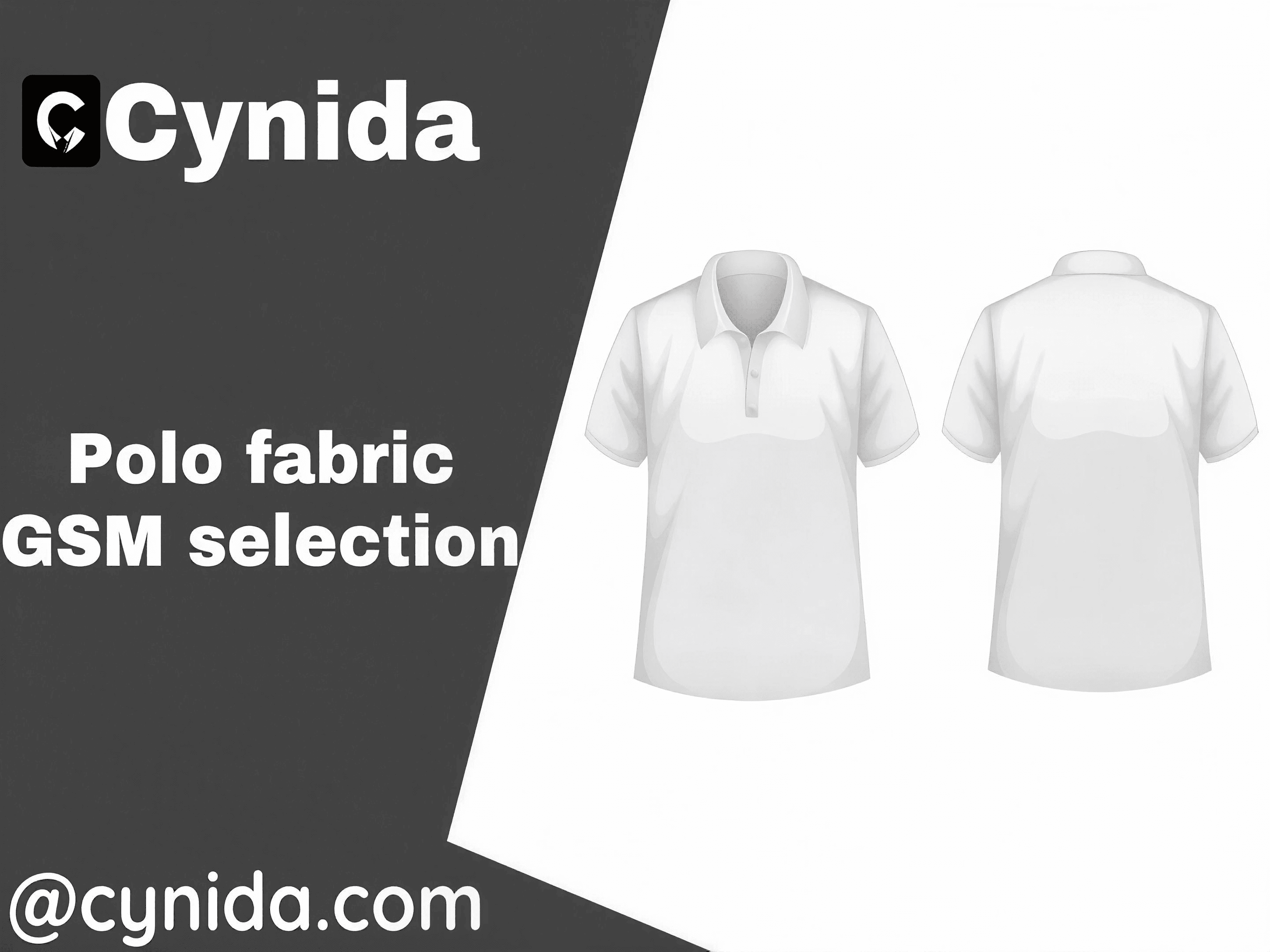 Polo fabric GSM selection guide with front and back polo shirt technical illustrations
