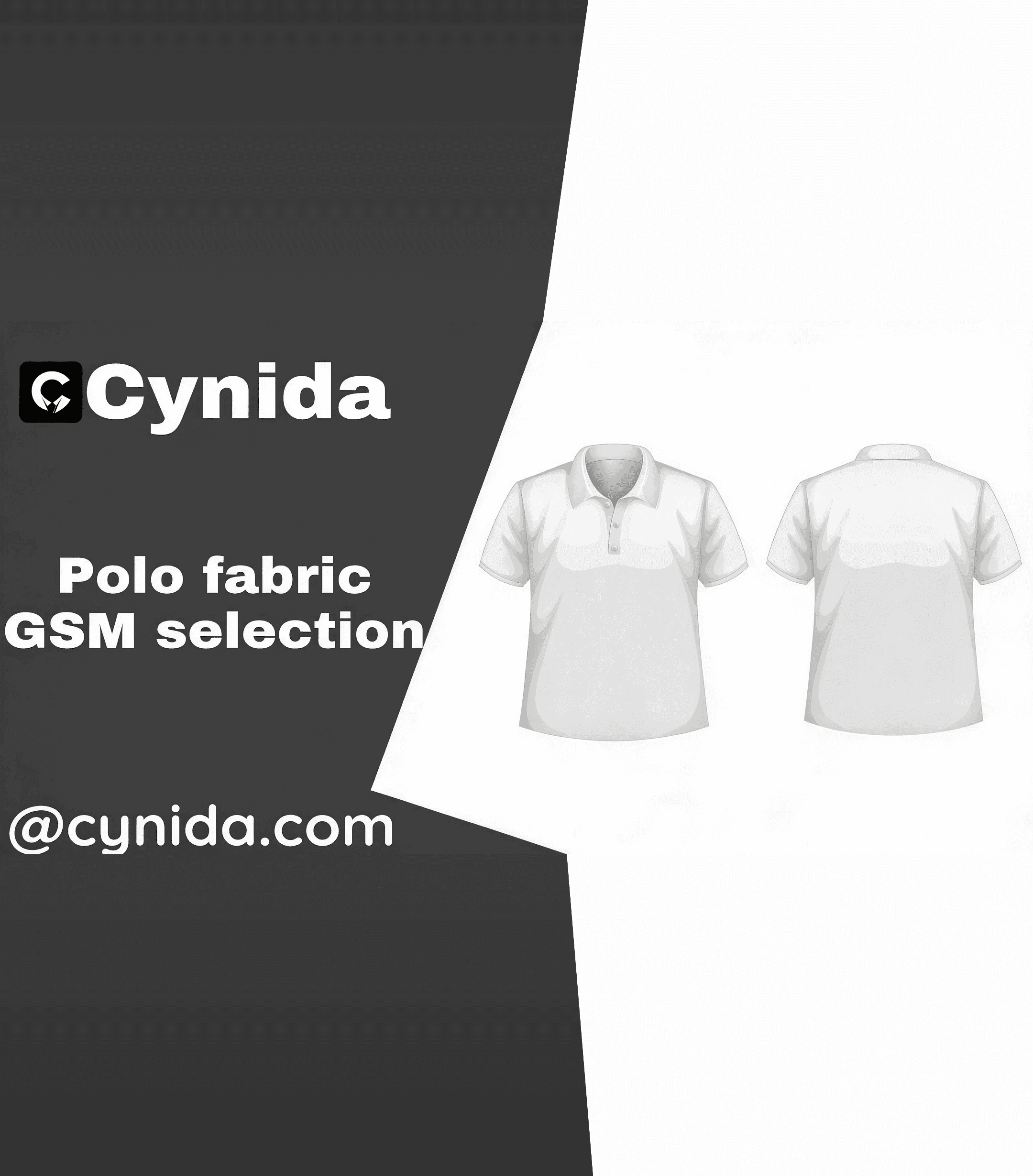 Polo shirt fabric GSM selection guide showing front and back polo garment illustrations