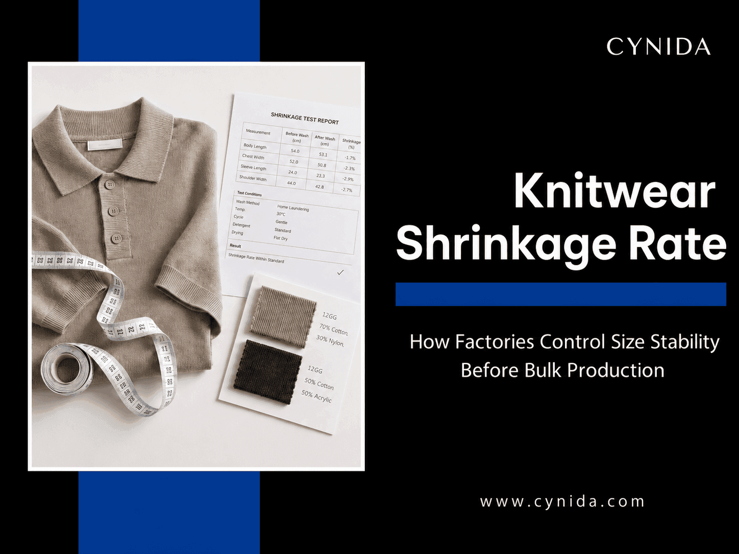 Fine-gauge knitwear sample measured for shrinkage and size stability before bulk production