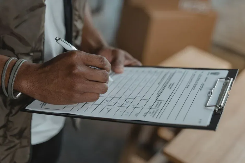 A person filling in a production form on a clipboard