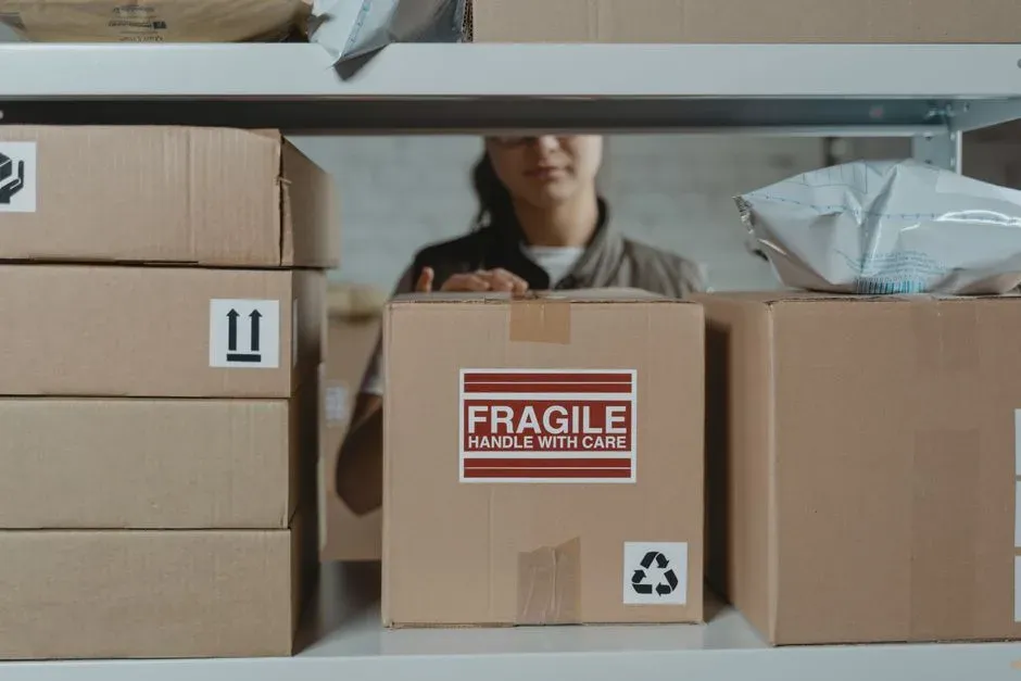 Cardboard boxes stacked on warehouse shelving