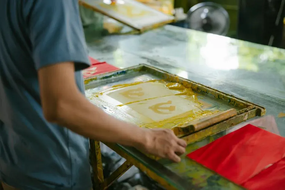 A worker screen printing yellow ink onto red fabric in a workshop