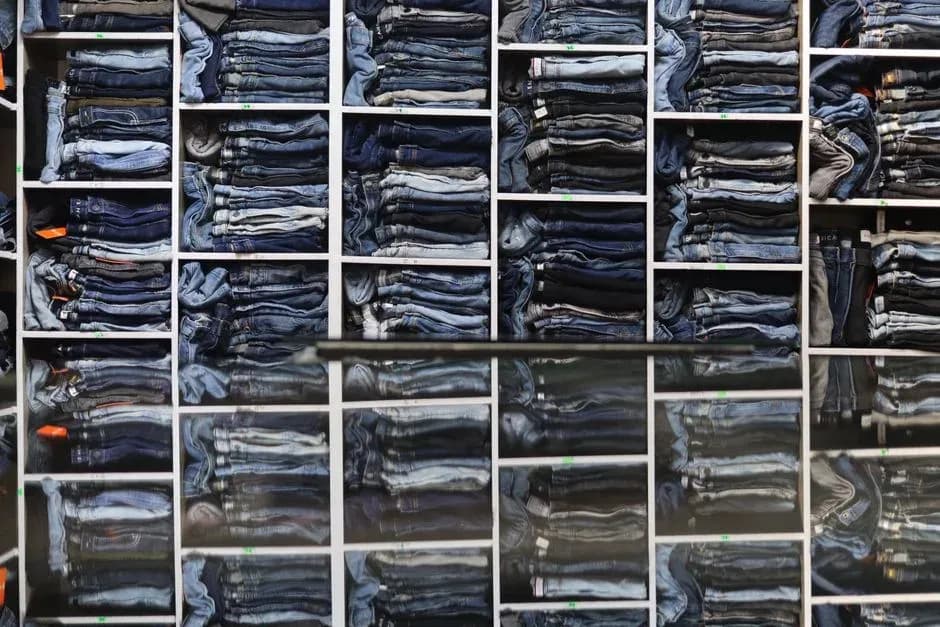 Stacks of folded jeans filling retail shelves