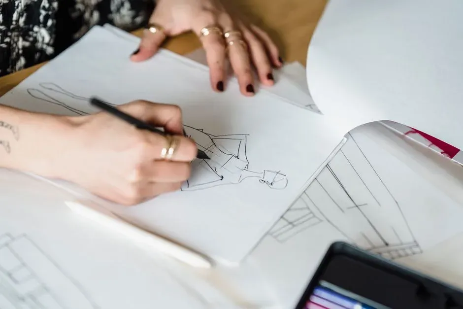 A designer's hands sketching a garment on paper