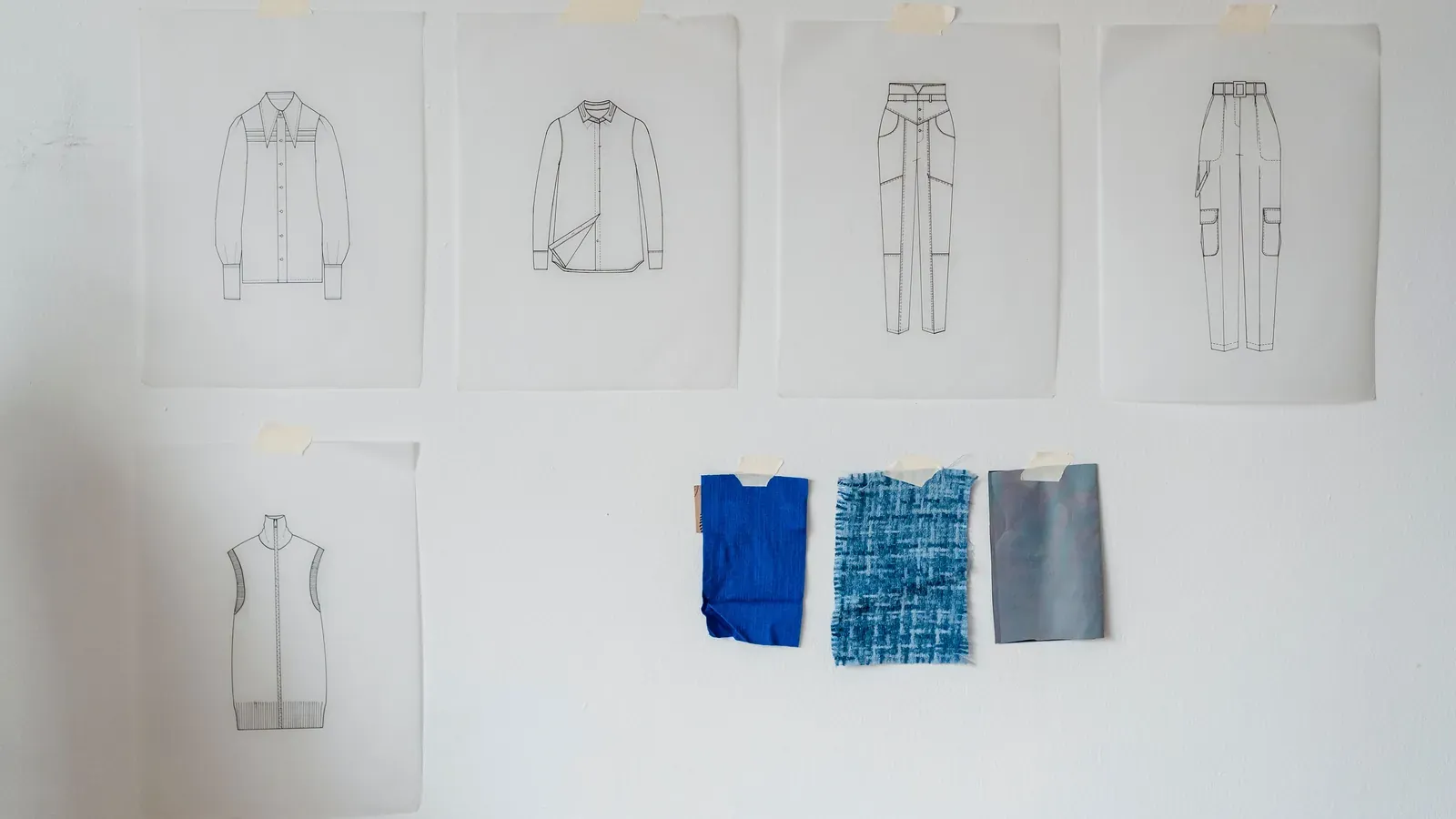 Technical garment sketches and fabric swatches arranged for sample development