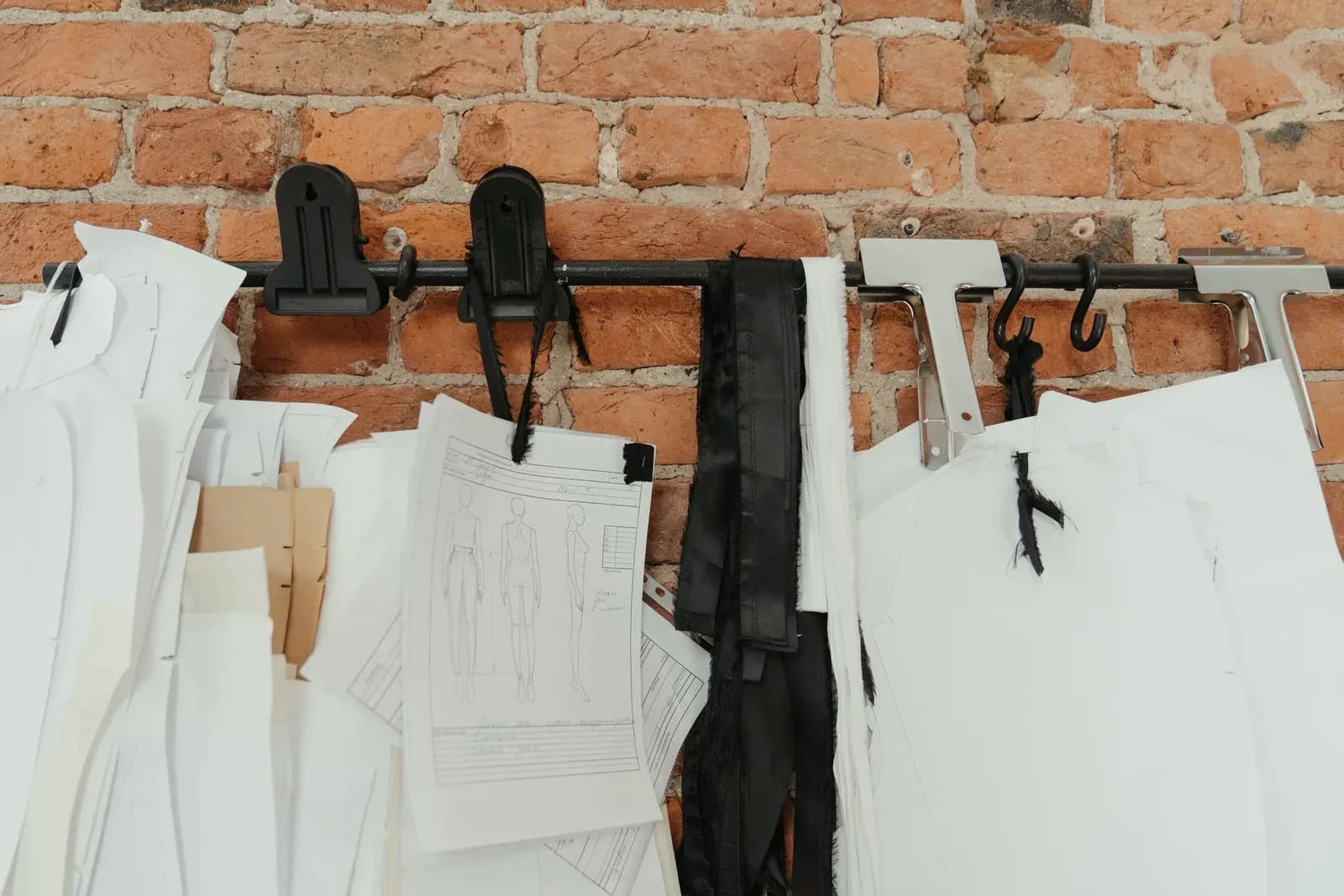 Paper sewing patterns and fabric hanging on a brick wall in a workshop