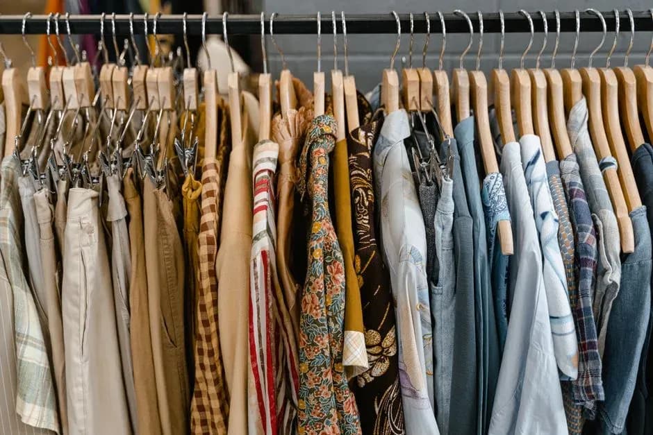 Assorted garments hanging on a clothing rack