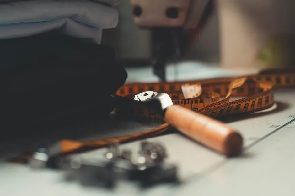 Tailoring tools, measuring tape and fabric on a workbench