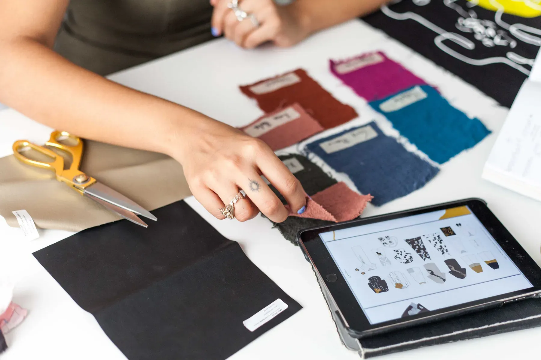 Fashion product development work in progress at a studio table