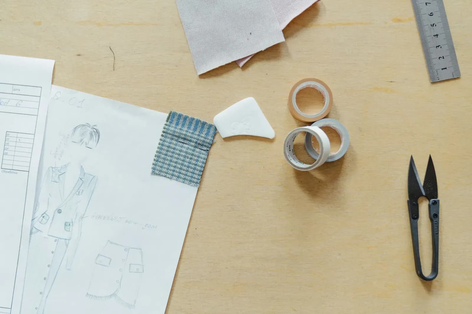 Garment sketch, fabric swatch, rulers and sewing tools arranged on a wooden worktable