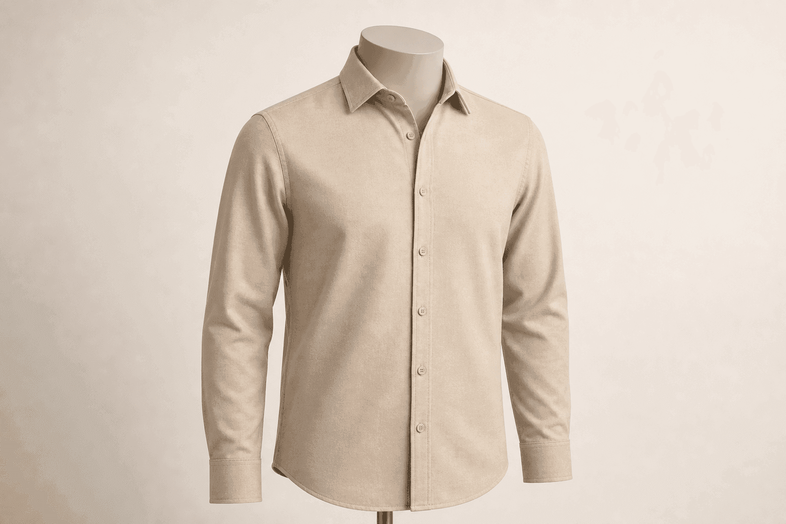 Sand Brushed Twill Shirt on a headless mannequin for private-label menswear manufacturing