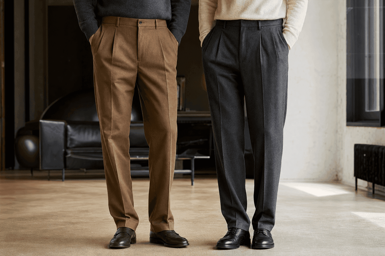 Two men wearing brown and charcoal pleated trousers for custom chino and trouser manufacturing