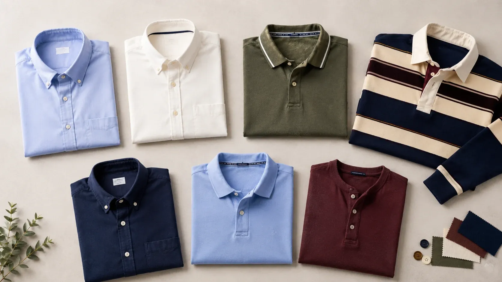 Folded smart-casual shirts and polo shirts arranged with fabric swatches and buttons