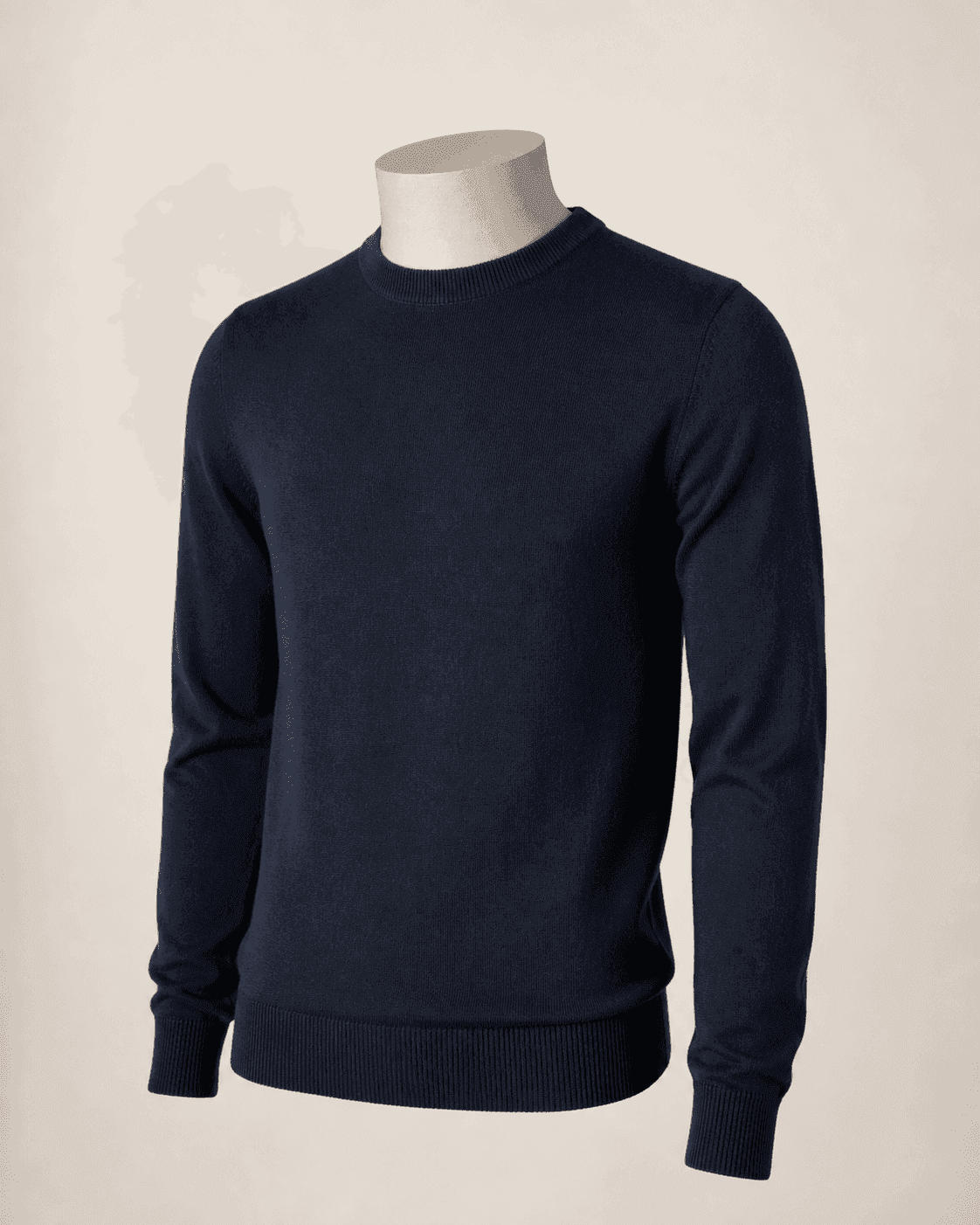 Navy Fine Merino Crewneck on a headless mannequin for private-label knitwear manufacturing
