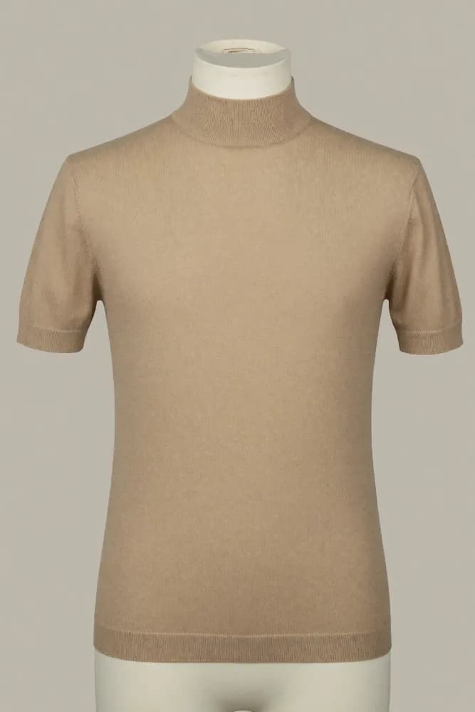 Camel slim short-sleeve mock-neck knit top shown on a torso mannequin for private-label fashion development