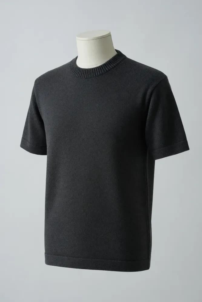 Charcoal crew-neck short-sleeve knit tee with narrow ribbed neck and cuffs and a straight hem on a faceless torso mannequin for private-label development