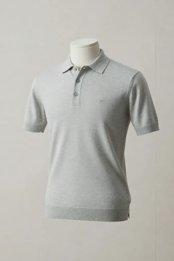 Pearl-grey short-sleeve knit polo with three-button placket, ribbed cuffs and hem and side vents on a display mannequin for private-label development