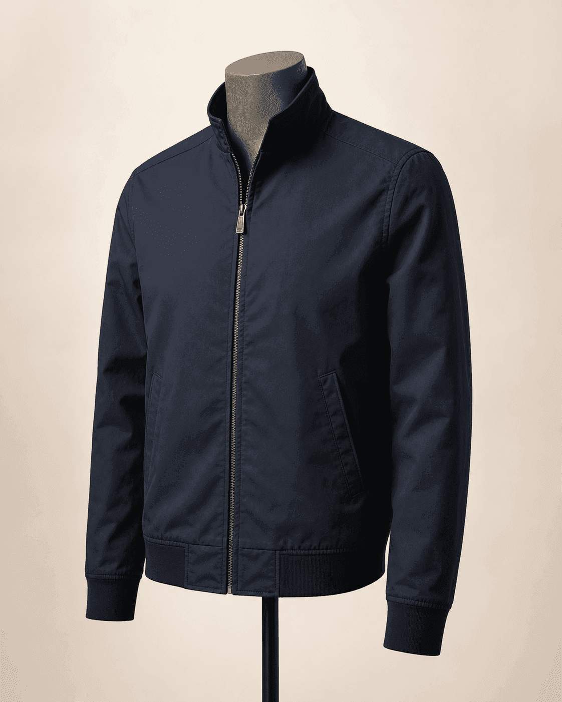 Deep navy Lightweight Harrington jacket on a headless mannequin for OEM jacket manufacturing