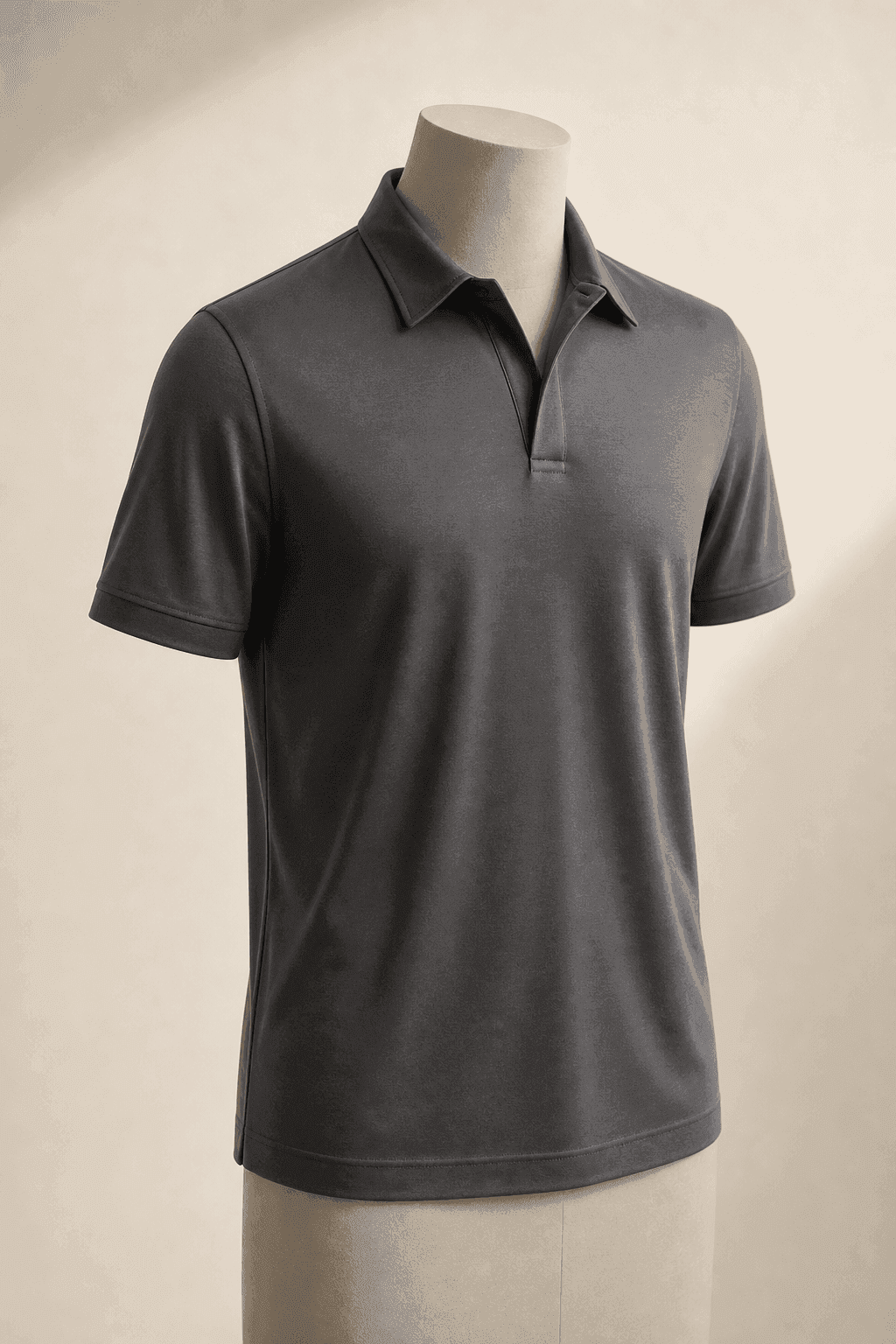 Charcoal Mercerized Jersey Polo on a headless mannequin for OEM menswear manufacturing
