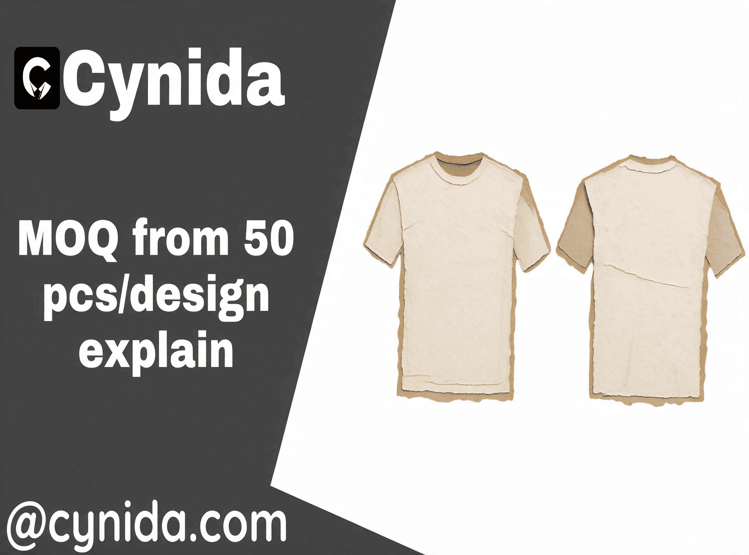 Custom clothing MOQ from 50 pieces per design illustrated with front and back T-shirt silhouettes