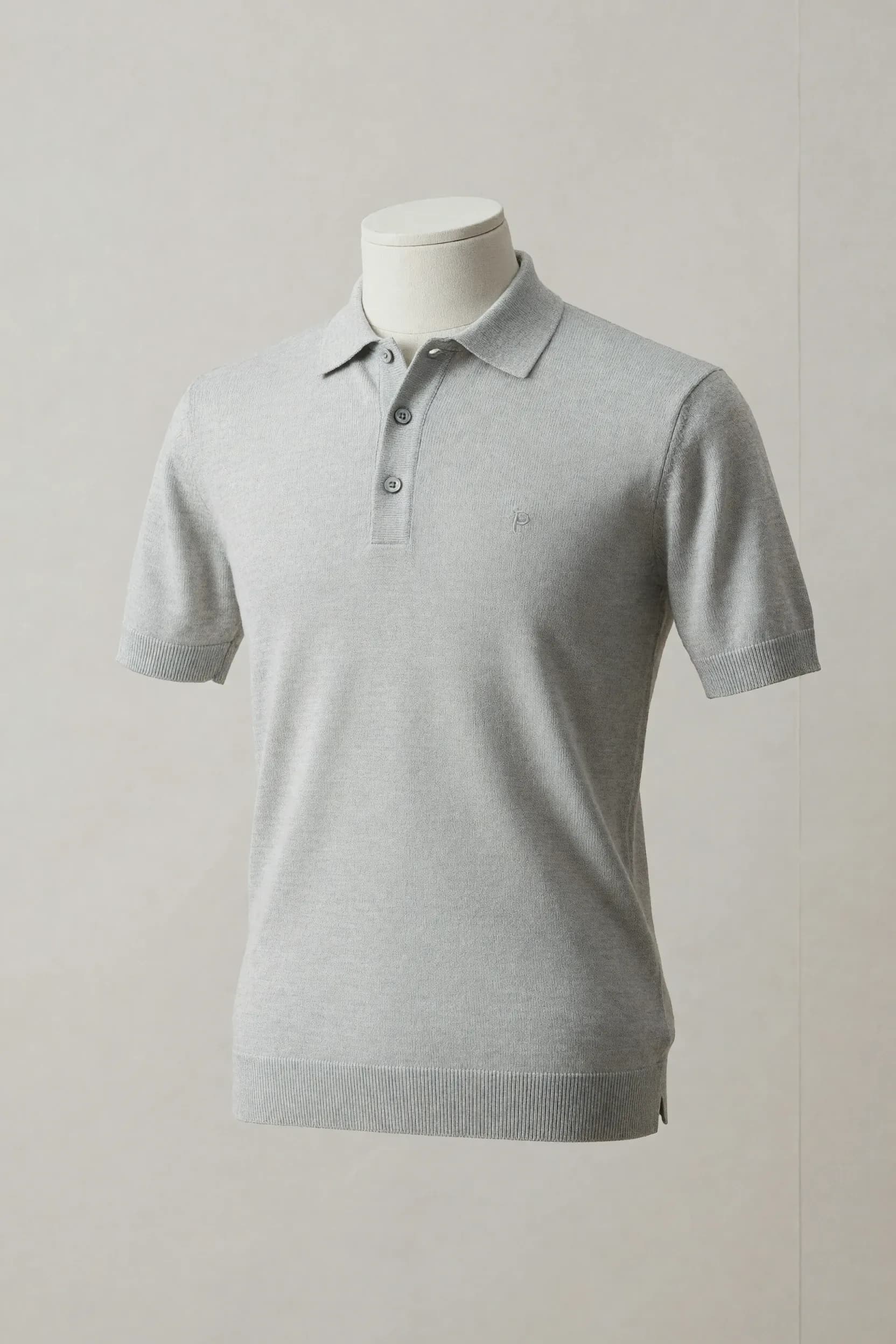 Pearl-grey short-sleeve knit polo with three-button placket, ribbed cuffs and hem and side vents on a display mannequin for private-label development