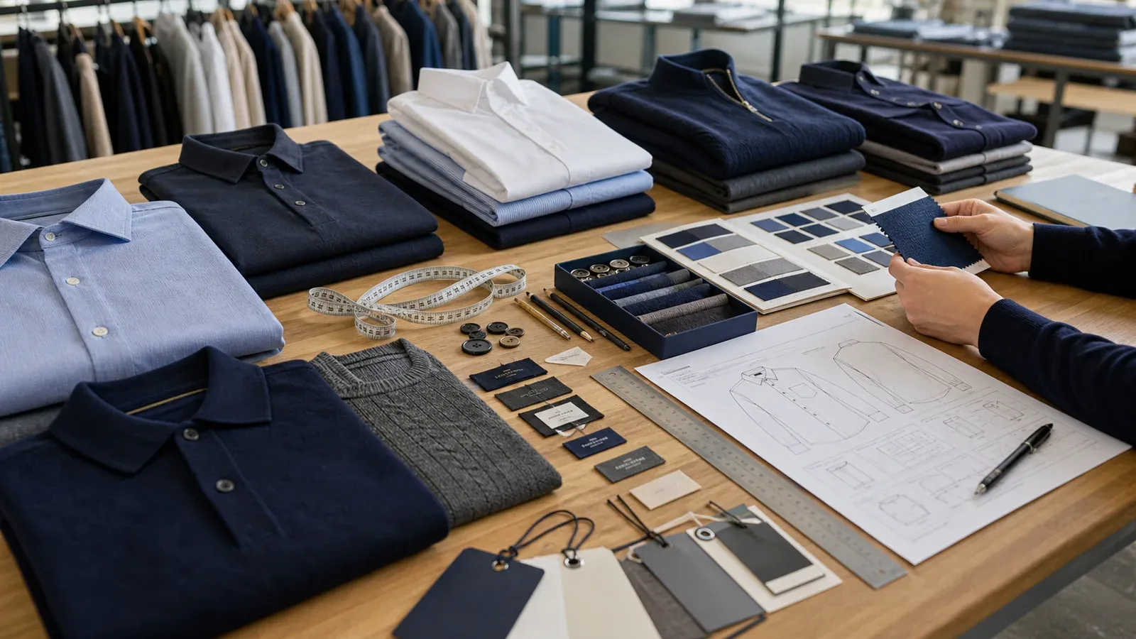 Menswear samples, fabric swatches, trim cards and tech pack prepared for private-label development