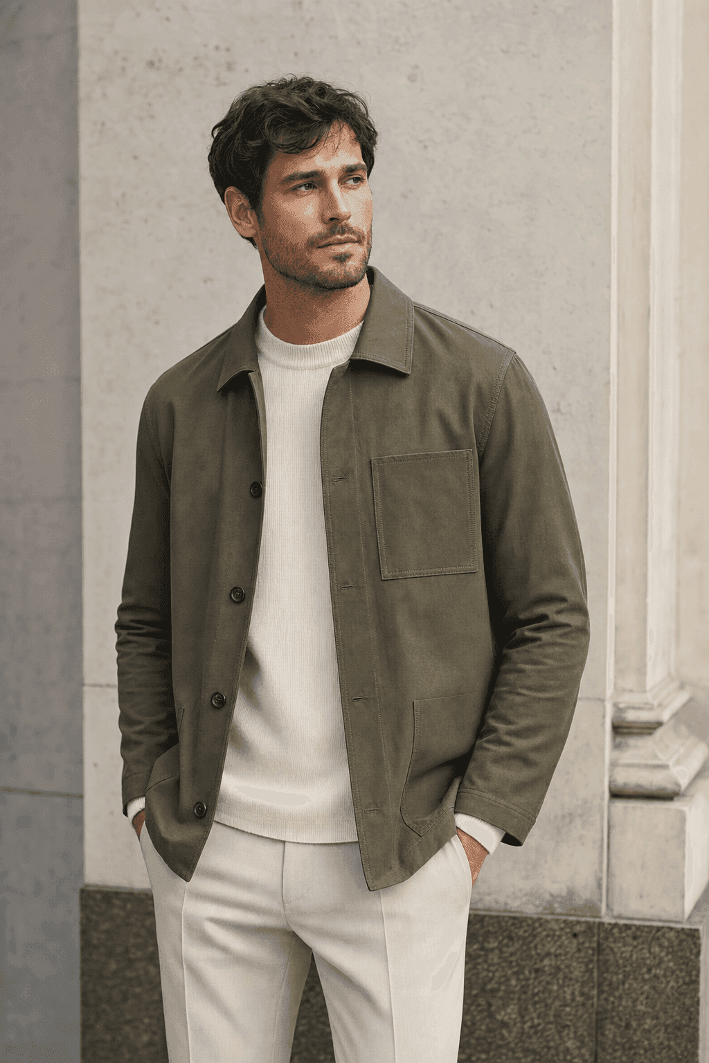 Man wearing an olive overshirt over a cream knit top for private-label overshirt manufacturing